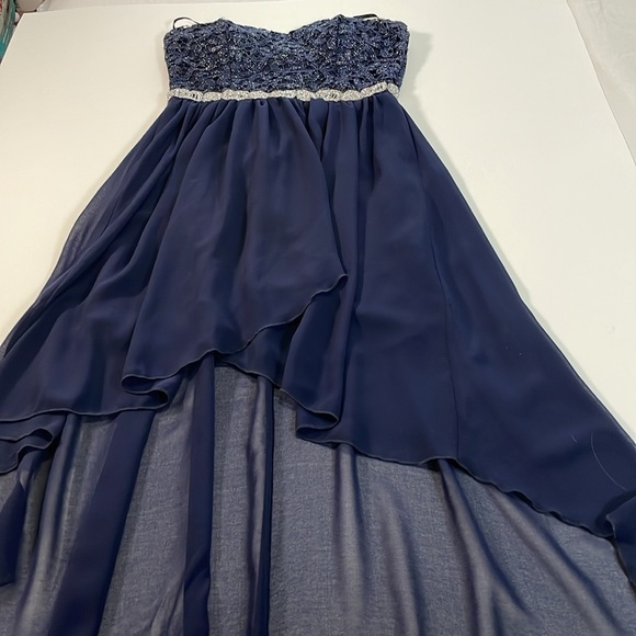 CITY STUDIO Strapless Sz 9 Navy Sparkly Rhinestone Belted High Low Formal Dress - Picture 12 of 13